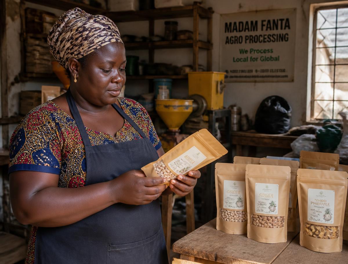 A Sierra Leonean woman business owner inspecting packaged produce in her agro-processing workshop